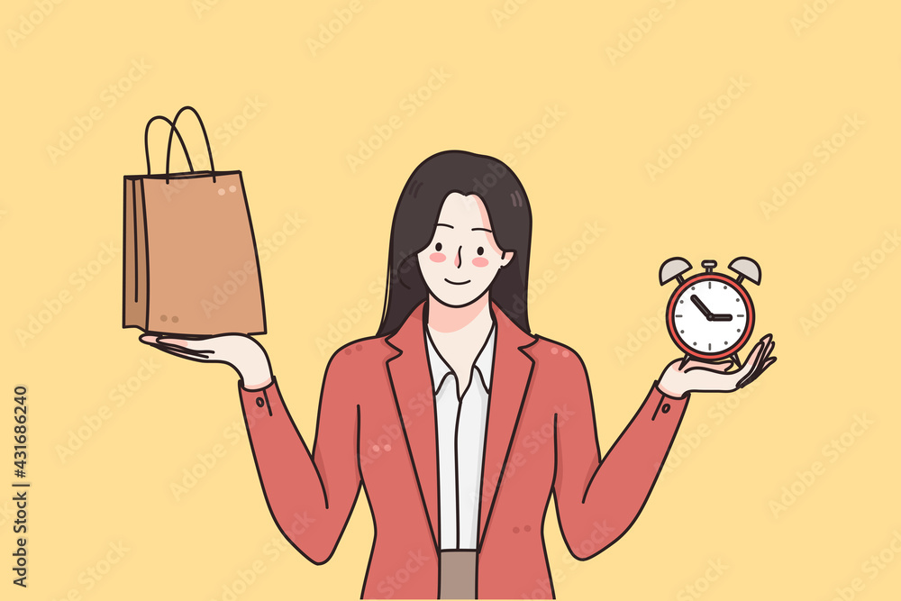 Black Friday, shopping, sales concept. Young positive woman cartoon character in red jacket standing with shopping bag and alarm clock in hands meaning to hurry hands vector illustration Stock Vector | Adobe Black Friday, shopping, sales concept. Young positive woman cartoon character in red jacket standing with shopping bag and alarm clock in hands meaning to hurry hands vector illustration Stock Vector | Adobe