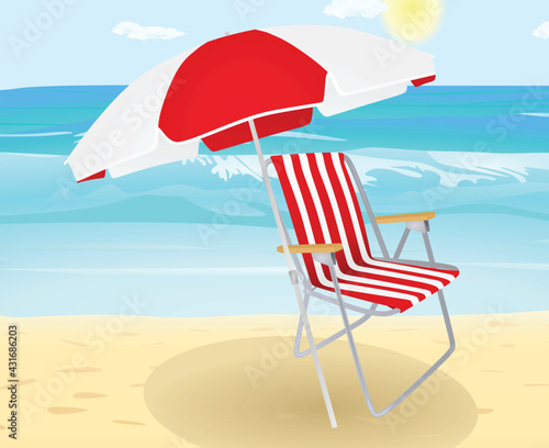 Chair and sun umbrella on beach. vector