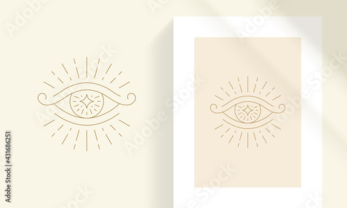 Magic eye and star line art style vector illustration