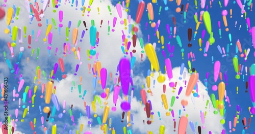 Many symbols of colored 3d exclamation mark, descend, on sky background.