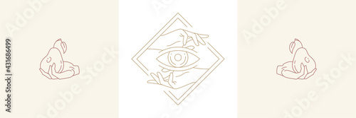 Magic eyes and hands holding pears in boho linear style vector illustrations set.