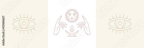 Ritual hands and sun with eye in boho linear style vector illustrations set.
