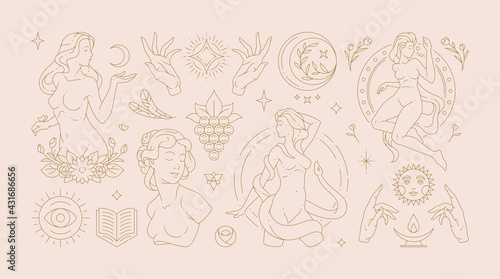Magic woman boho vector illustrations of graceful feminine women and esoteric symbols set. photo