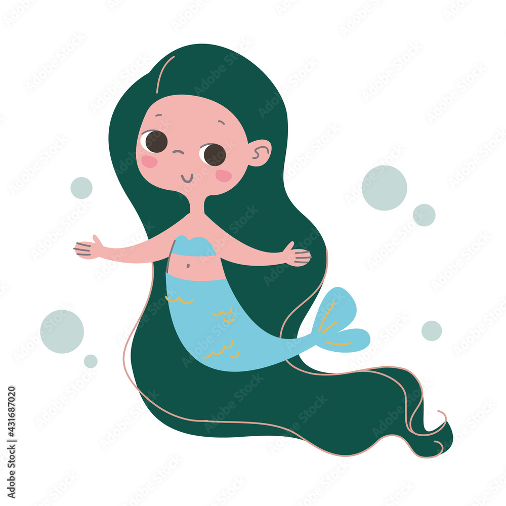 Cute mermaid with green long hair and a fishy blue tail. Vector illustration in cartoon children s style. Baby print for girls. Funny character art. Cute mermaid with green long hair and a fishy blue tail. Vector illustration in cartoon children s style. Baby print for girls. Funny character art.