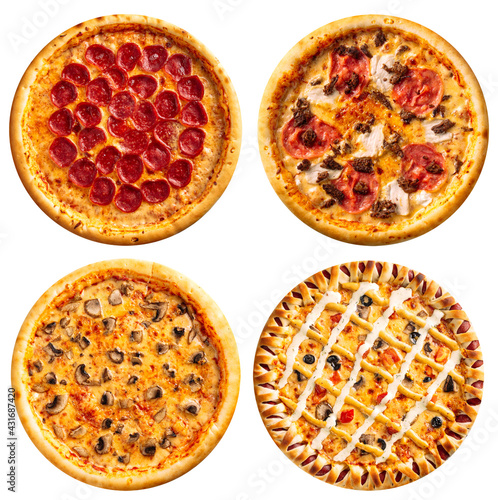 Variety of isolated pizzas menu collage disign on the white