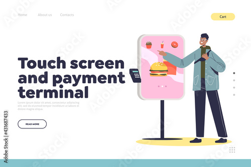 Touch screen and payment terminal for self ordering in cafe or restaurant concept of landing page