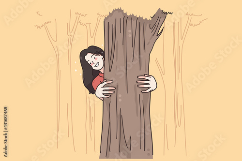 Summer activities and leisure concept. Young smiling female cartoon character hugging and looking from tree in park or forest feeling active and playful vector illustration 