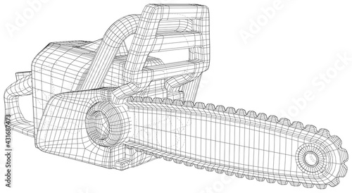 Petrol chain saw. Professional instrument, working tool. Technical illustration wire-frame. Vector rendering of 3d.