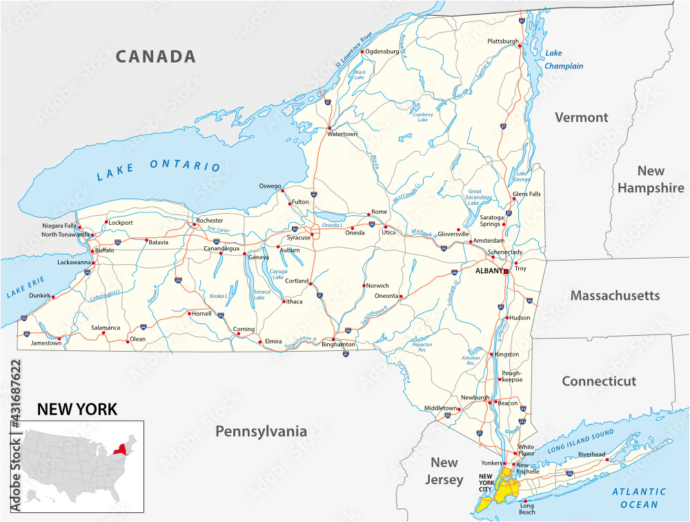 road map of the US American State of New York