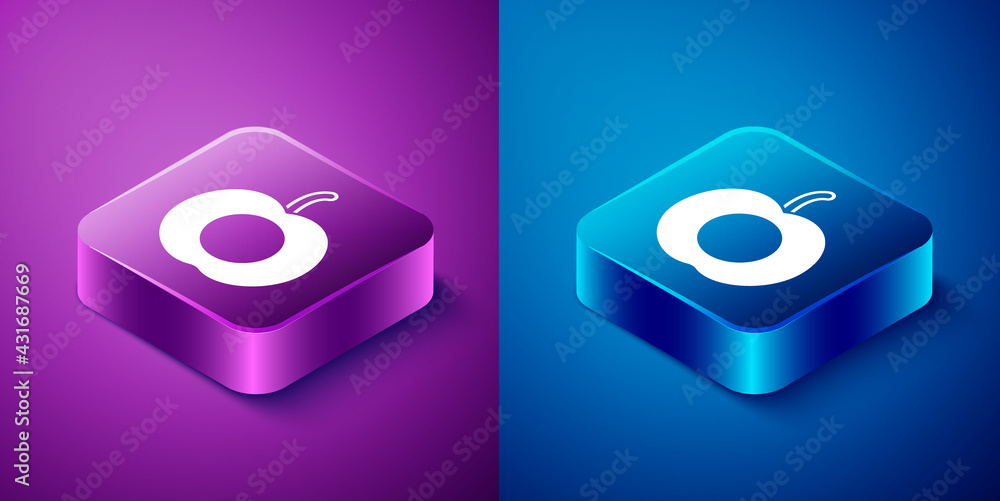 Isometric Peach fruit or nectarine with leaf icon isolated on blue and purple background. Square button. Vector Isometric Peach fruit or nectarine with leaf icon isolated on blue and purple background. Square button. Vector