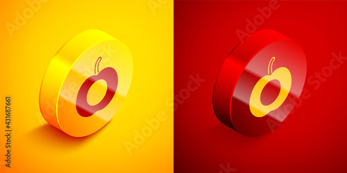 Isometric Peach fruit or nectarine with leaf icon isolated on orange and red background. Circle button. Vector