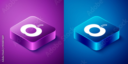 Isometric Peach fruit or nectarine with leaf icon isolated on blue and purple background. Square button. Vector