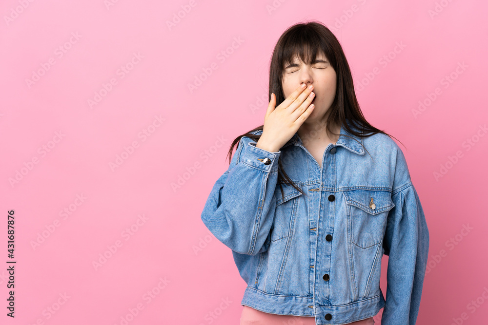 Young Ukrainian woman isolated on pink background yawning and covering wide open mouth with hand Young Ukrainian woman isolated on pink background yawning and covering wide open mouth with hand