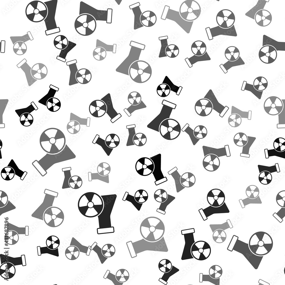 Black Laboratory chemical beaker with toxic liquid icon isolated seamless pattern on white background. Biohazard symbol. Dangerous symbol with radiation icon. Vector