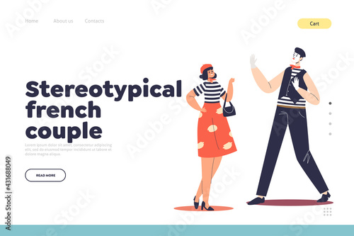 Stereotypical french couple landing page with frenchwoman and french mime in traditional wear