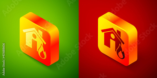 Isometric Fire in burning house icon isolated on green and red background. Square button. Vector