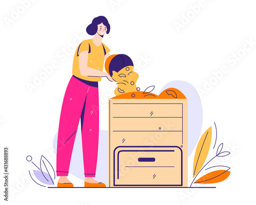 Recycling of organic kitchen and garden waste. A young woman puts garbage in the compost bin. Composting concept. Vector illustration in flat cartoon style.