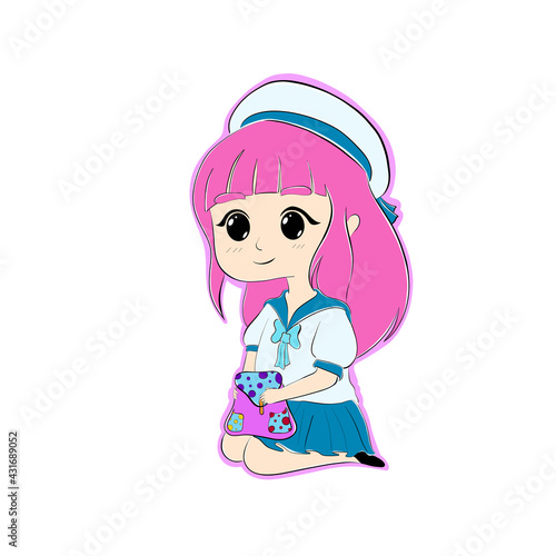 Cute adorable girl illustration. Kawaii Anime girl. Big eyes. Use for postcards, print on clothes or other things.