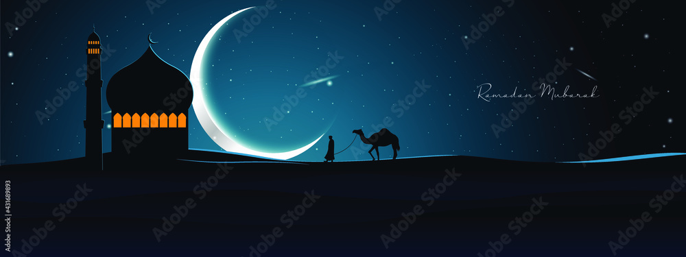 Naklejka premium Ramadan Mubarak vector greeting background with desert, moon, mosque and camel with night scene for banner, Flyer, social media, print, poster, web.
