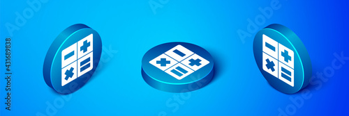 Isometric Calculator icon isolated on blue background. Accounting symbol. Business calculations mathematics education and finance. Blue circle button. Vector
