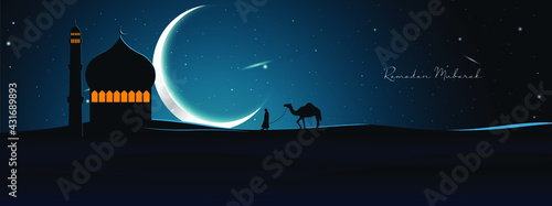 Ramadan Mubarak vector greeting background with desert, moon, mosque and camel with night scene for banner, Flyer, social media, print, poster, web.