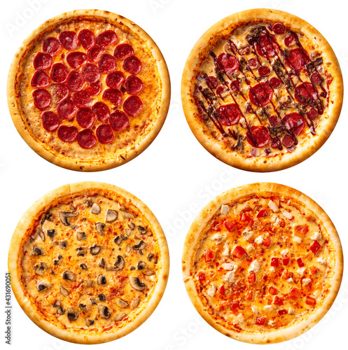 Variety of isolated pizzas menu collage disign on the white