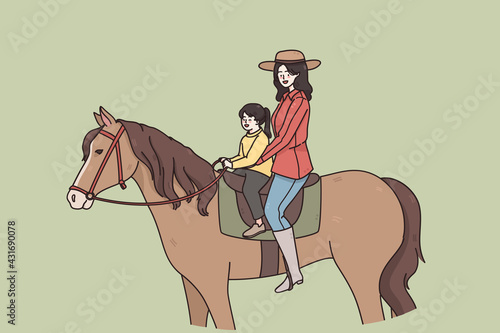 Summer activities and riding concept. Young smiling woman mother and small daughter sitting on horse and riding together outdoors vector illustration 