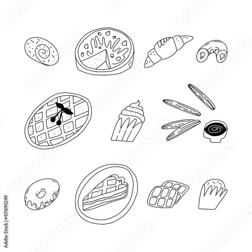 Cute various doodle bakery desserts set. Traditional American, French, Spanish sweet pastry, cakes and sweets.