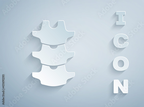 Paper cut Human spine icon isolated on grey background. Paper art style. Vector
