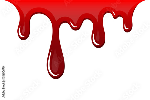 Blood drip 3d. Halloween bloodstain isolated white background. Splatter stain. Horror drop flow. Red scare ink. Blot texture. Colorful splash. Stream bleeding. Flowing liquid Vector illustration