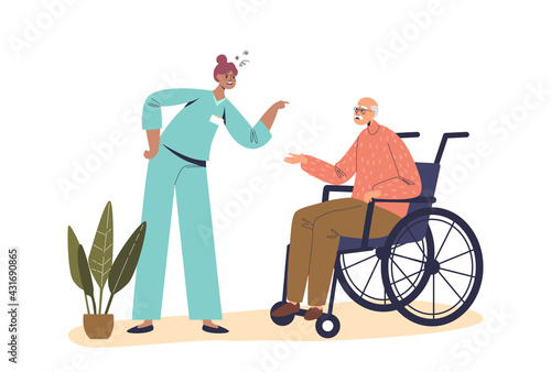 Angry nurse scolding old man on wheelchair while treatment in hospital. Bad nursing concept