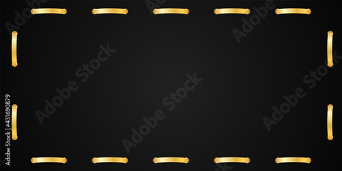 Gold frame 3D. Square border, isolated black background. Golden stitch, tack. Design Christmas card, New Year celebration, wedding, birthday. Empty copy space. Vintage retro style Vector illustration