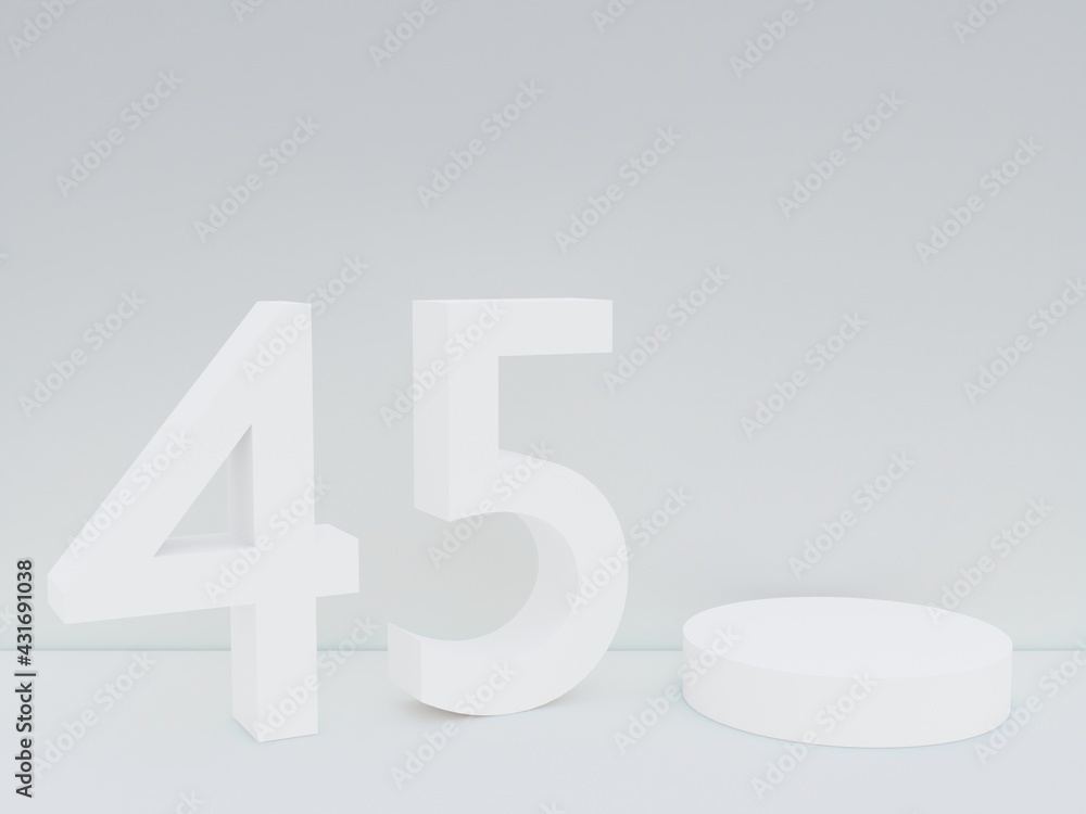 Scene with podium for mock up presentation in white color, minimalism style and number 45 with copy space, 3d render abstract background Scene with podium for mock up presentation in white color, minimalism style and number 45 with copy space, 3d render abstract background