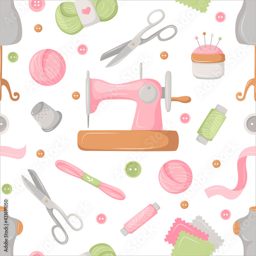 Seamless pattern with sewing and knitting tools, drawn in cartoon style for tailor shop. Delicate pink vector background. Fashion illustration with a set of objects, the profession of a draper. 