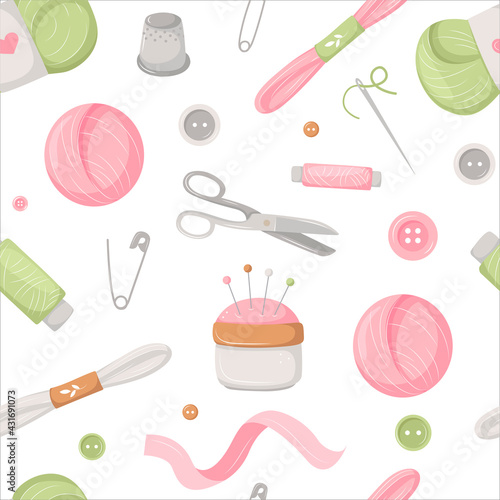 Seamless pattern with sewing and knitting tools, drawn in cartoon style for tailor shop. Delicate pink vector background. Fashion illustration with a set of objects, the profession of a draper. 