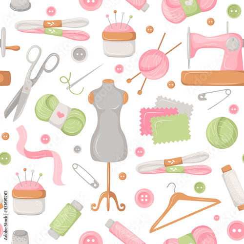 Seamless pattern with sewing and knitting tools, drawn in cartoon style for tailor shop. Delicate pink vector background. Fashion illustration with a set of objects, the profession of a draper. 