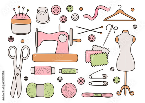 A set of knitting and sewing tools, hand-drawn pictures in doodle style. Delicate items, collection of sewing tools. Decorative background, good for printing. Design background