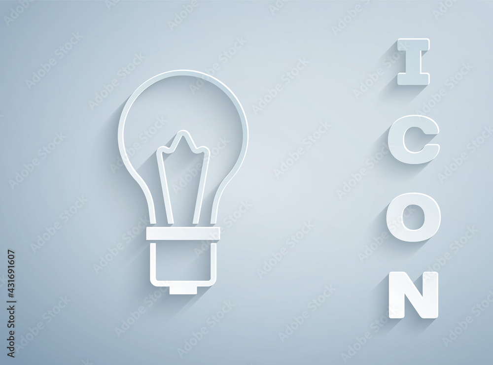 Paper cut Light bulb with concept of idea icon isolated on grey background. Energy and idea symbol. Inspiration concept. Paper art style. Vector Paper cut Light bulb with concept of idea icon isolated on grey background. Energy and idea symbol. Inspiration concept. Paper art style. Vector