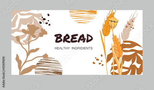 Banner or flyer design with wheat ears and poppy seed boxes at decorative abstract backdrop, flat vector illustration on white background. Colorful banner template for bakehouse or bakery.