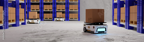 Concept industry 4.0 smart vehicle autonomous robot AGV (Automated guided vehicle),warehouse logistic and transport,with cardboard box automated robot,production in factory,3d rendering illustration photo