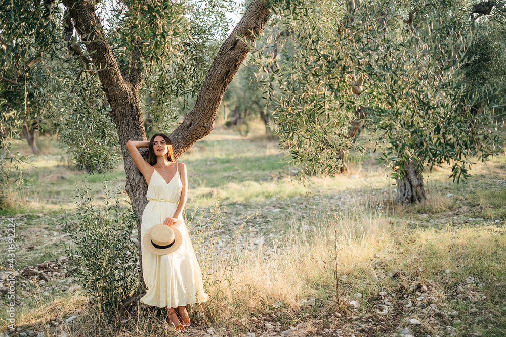 Tender portrait of beautiful brunette woman in beautiful sunlight. Woman in yellow summer linen dress in olive tree garden. Natural beauty.Travel to Italy, summer vacation Tender portrait of beautiful brunette woman in beautiful sunlight. Woman in yellow summer linen dress in olive tree garden. Natural beauty.Travel to Italy, summer vacation
