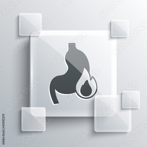 Grey Stomach heartburn icon isolated on grey background. Stomach burn. Gastritis and acid reflux, indigestion and stomach pain problems. Square glass panels. Vector
