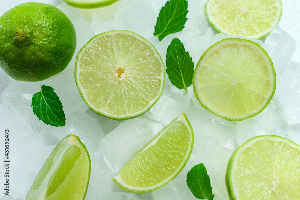 
Lime slices and mint leaves on ice.
View from above.
