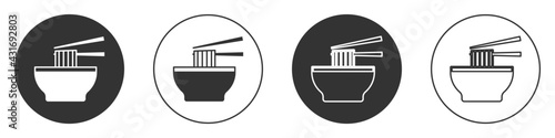 Black Asian noodles in bowl and chopsticks icon isolated on white background. Street fast food. Korean, Japanese, Chinese food. Circle button. Vector