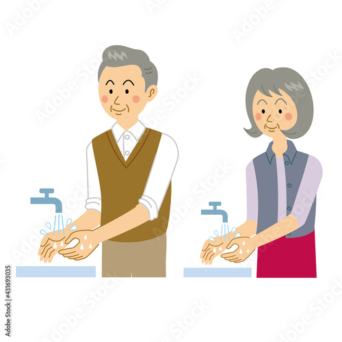 手を洗う老夫婦