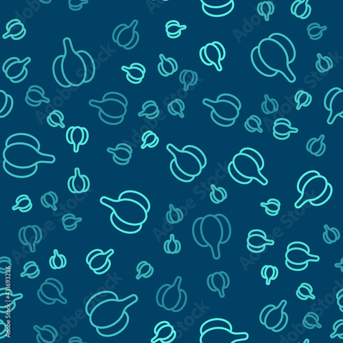 Green line Garlic icon isolated seamless pattern on blue background. Vector