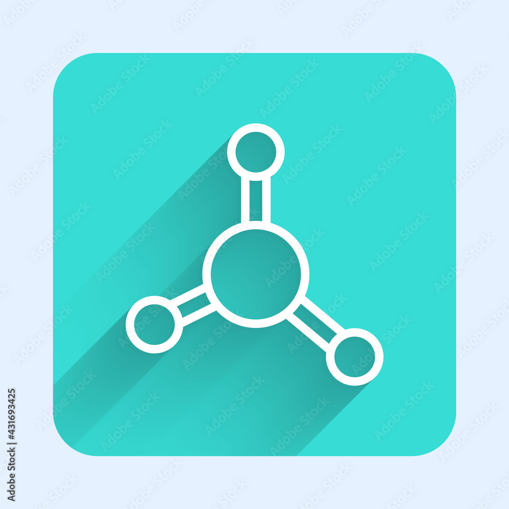 White line Molecule icon isolated with long shadow. Structure of molecules in chemistry, science teachers innovative educational poster. Green square button. Vector White line Molecule icon isolated with long shadow. Structure of molecules in chemistry, science teachers innovative educational poster. Green square button. Vector