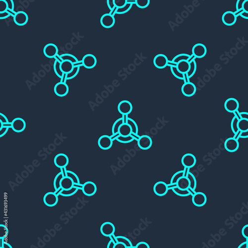 Green line Molecule icon isolated seamless pattern on blue background. Structure of molecules in chemistry, science teachers innovative educational poster. Vector