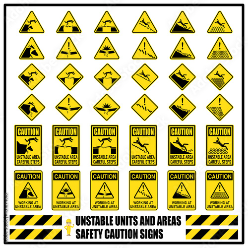 Set of safety caution and warning signs of unstable units and areas that may lead to accident. Risk of working at unstable area. Accident prevention signs and symbols for workplace.