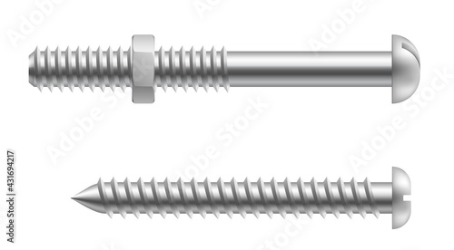 Realistic metal screws. Construction hardware objects for fixing, repairing and construction